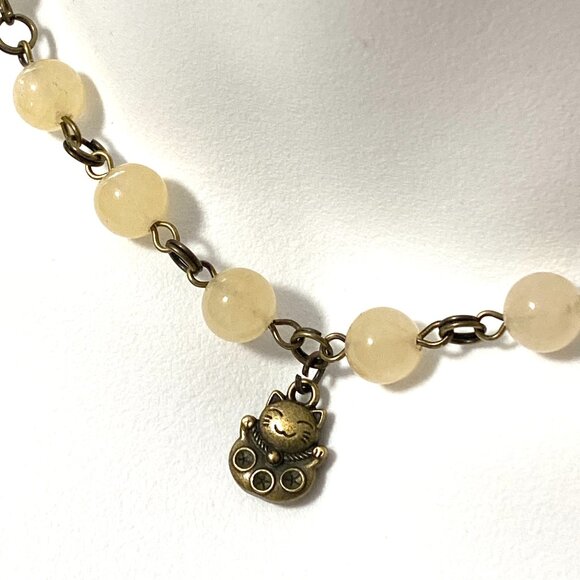 Natural Yellow Aventurine Necklace, Bronze Fortune Cat + Genuine Gemstone Choker - Picture 1 of 14